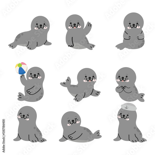 Cute Seal animals cartoon set