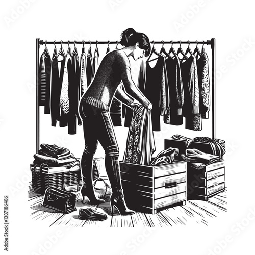 Woman organizing closet and donating unwanted items in black and white illustration