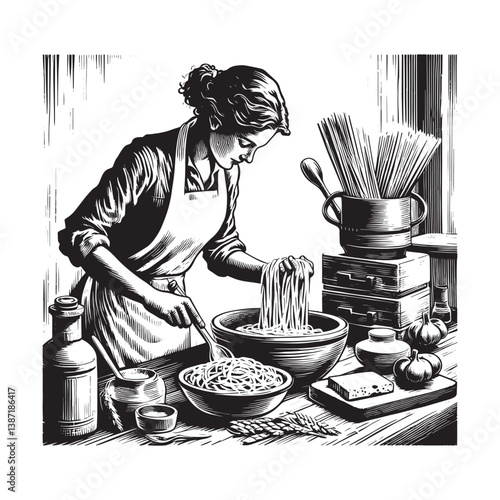 Woman prepares homemade pasta in vintage kitchen in monochrome drawing