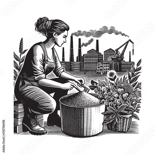 Woman pioneers eco-friendly solutions at a processing plant in vintage illustration