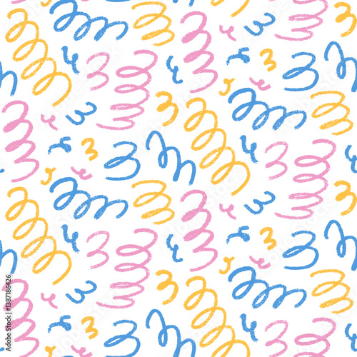 Birthday party seamless pattern template. Spirals lines geometric party background. Fun confetti repeat covering. Surface pattern design holiday motif. Vector hand drawn illustration.