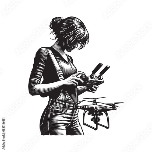 Woman piloting a drone with remote control in hand for aerial adventures