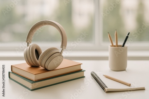 Study Area Featuring Headphones on Books With Stationery Items, Perfect for F...