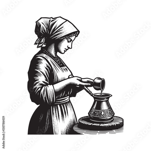 Woman skillfully brewing turkish coffee in a cezve using woodcut technique