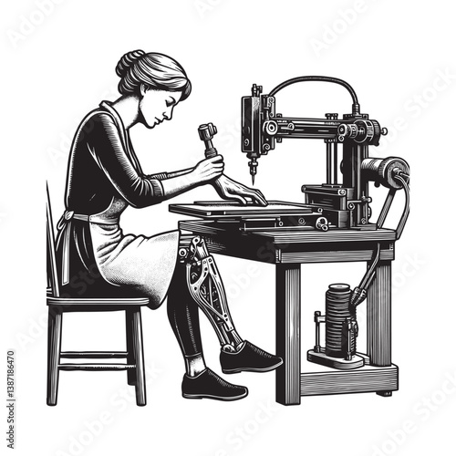 Woman using 3D printer to create prosthetic limb with woodcut drawing style