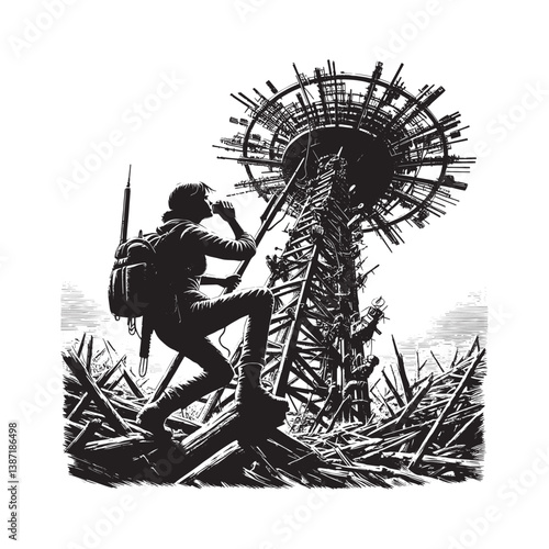 Woman striving to reach a massive antenna in a collapsing dystopian world
