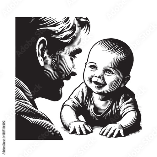 Woodcut depiction of paternal love featuring a smiling baby and doting father