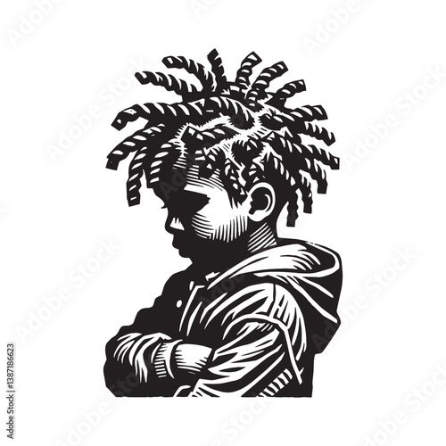 Woodcut illustration of a contemplative kid with twisted hair style