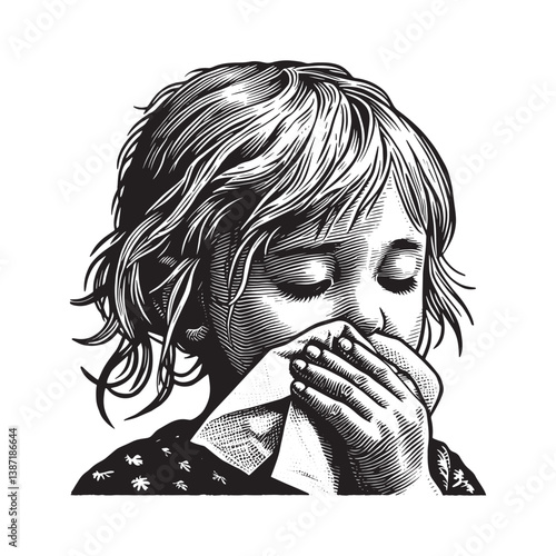 Woodcut illustration of a child,s hygiene routine after mealtime activity