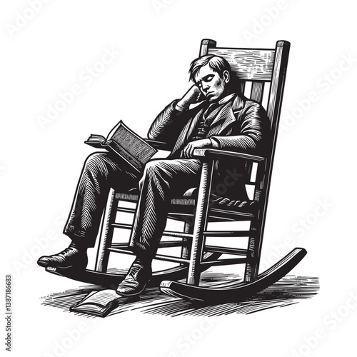 Woodcut illustration of a man asleep in a rocking chair with a book