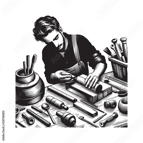 Woodworker intensely shaping piece on lathe with artisan tools and woodcraft details