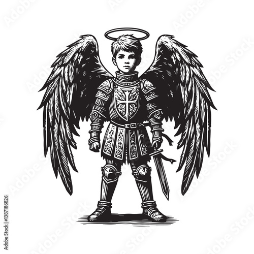 Young angelic knight in ornamented armor with wings realistic woodcut art
