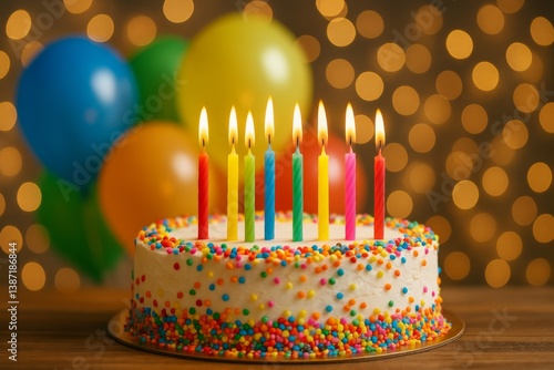 Colorful Birthday Cake With Candles and Balloons in the Background Celebratin...