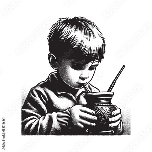 Young boy attentively sips Argentinian mate in detailed woodcut drawing