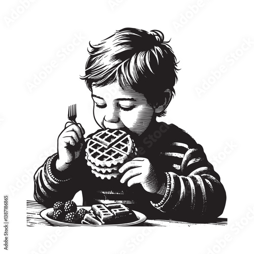 Young boy devouring waffles with syrup and berries in vintage style