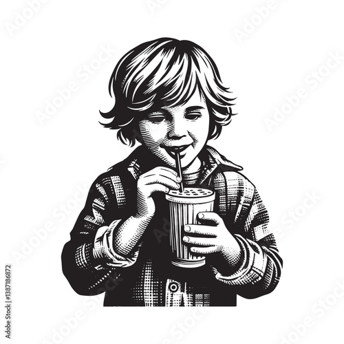 Young boy enjoying a drink with a straw in artistic woodcut style illustration