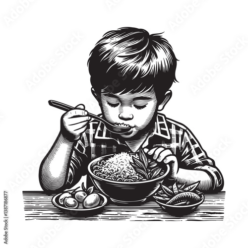Young boy enjoying a flavorful meal depicted in detailed woodcut art style
