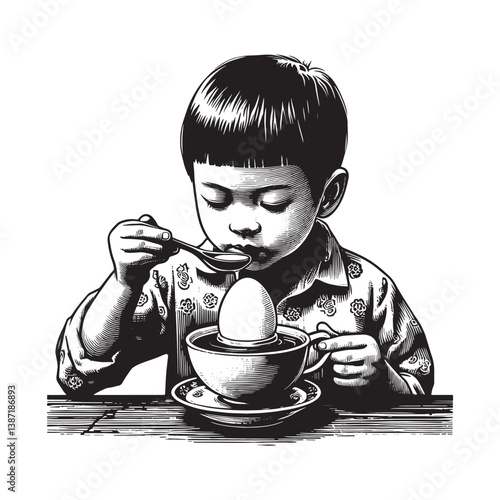 Young boy enjoys a unique beverage with boiled egg illustration in woodcut style
