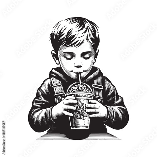 Young boy indulging in a refreshing mint chocolate chip drink pleasure