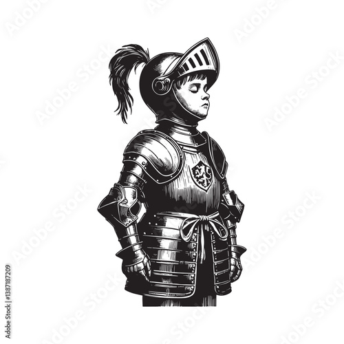 Young dreamer in knight,s armor captured with artistic woodcut drawing style