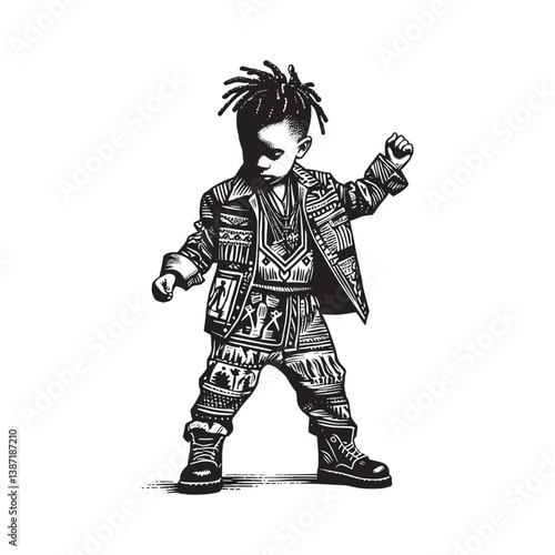 Young fashionista strikes a pose in bold print Dancehall style woodcut