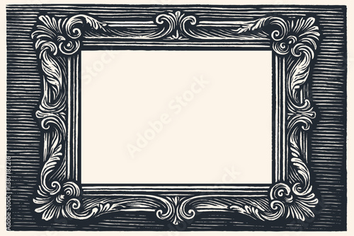 Woodcut style vector illustration. Empty ornate antique picture frame with detailed scrollwork and floral carvings. Vintage border element for design.