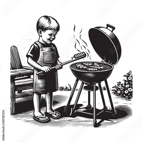 Young chef at the backyard grill a classic woodcut style with charm and warmth