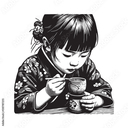 Young girl immersed in traditional Japanese matcha tea ceremony experience