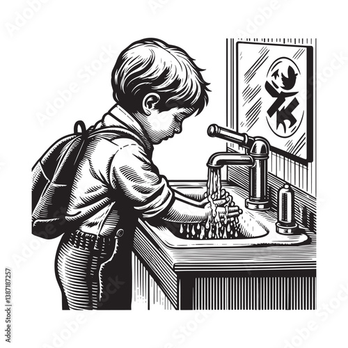 Young student practicing hand hygiene with soap at school bathroom sink