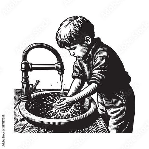 Youngster practicing good hygiene ritual before mealtime in artistic style
