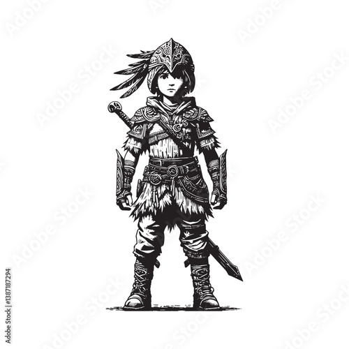 Young warrior in fantasy woodcut art style with intricate armor details