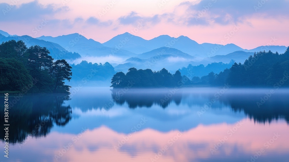 Fototapeta premium Misty Sunrise over Mountain Lake, Calm Reflection