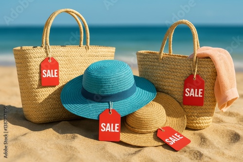 Summer Accessories on Beach Sand With Red Sale Tags Promoting Discount Offers...