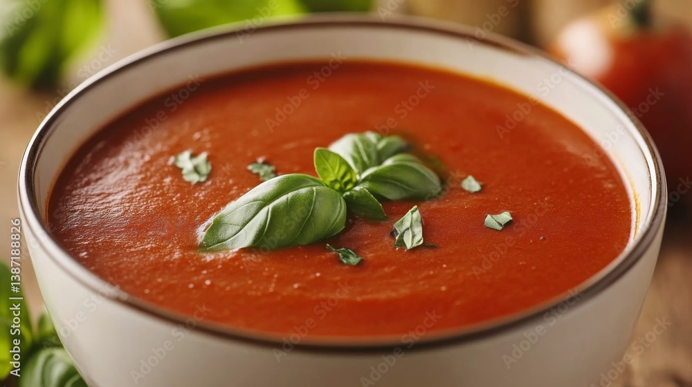 A bowl of tomato soup with fresh basil leaves. Featuring comfort and flavor A bowl of tomato soup with fresh basil leaves. Featuring comfort and flavor