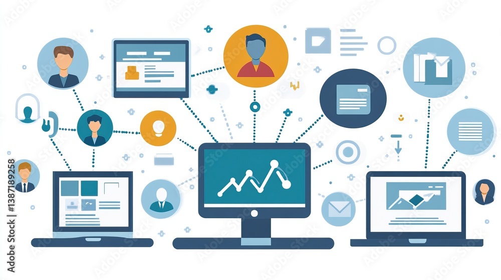 Networked workplace Teams collaborating online, office background Networked workplace Teams collaborating online, office background