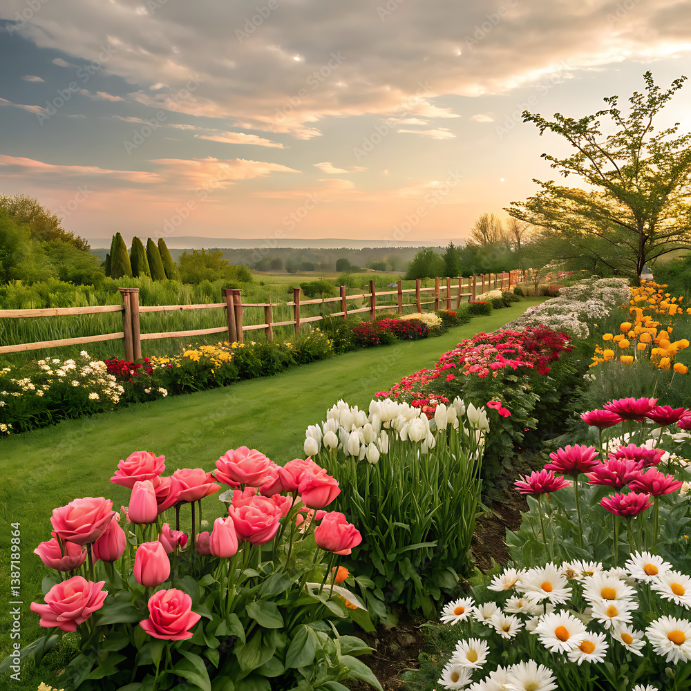 Obraz premium garden background, colorful flowers blooming in spring, beautiful flower garden view