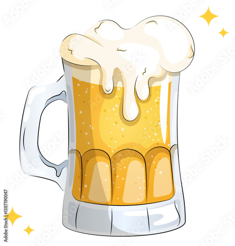 Beer in Glass Mug with Overflowing Foam. Pop Art Style Refreshing Beverage with Black Outline Isolated Graphic