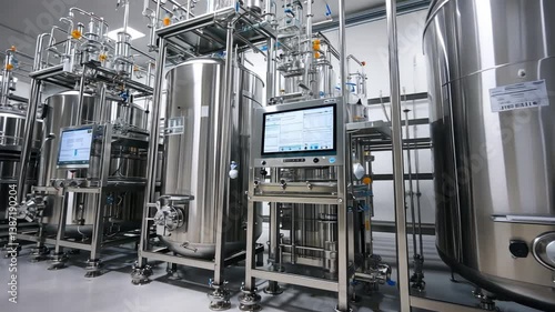 Bioreactor Complex in a Lab Setting: A detailed shot showcasing multiple bioreactors with their control panels in a sterile lab, illustrating cutting-edge technology in pharmaceutical research.