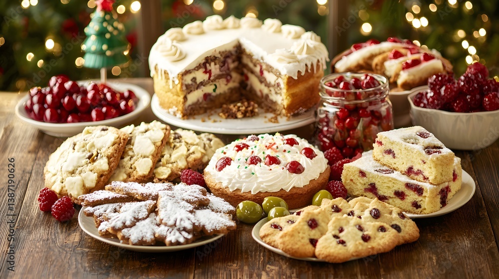 Assorted Holiday Desserts Featuring Cakes and Cookies With Festive Decorations and Berries Assorted Holiday Desserts Featuring Cakes and Cookies With Festive Decorations and Berries