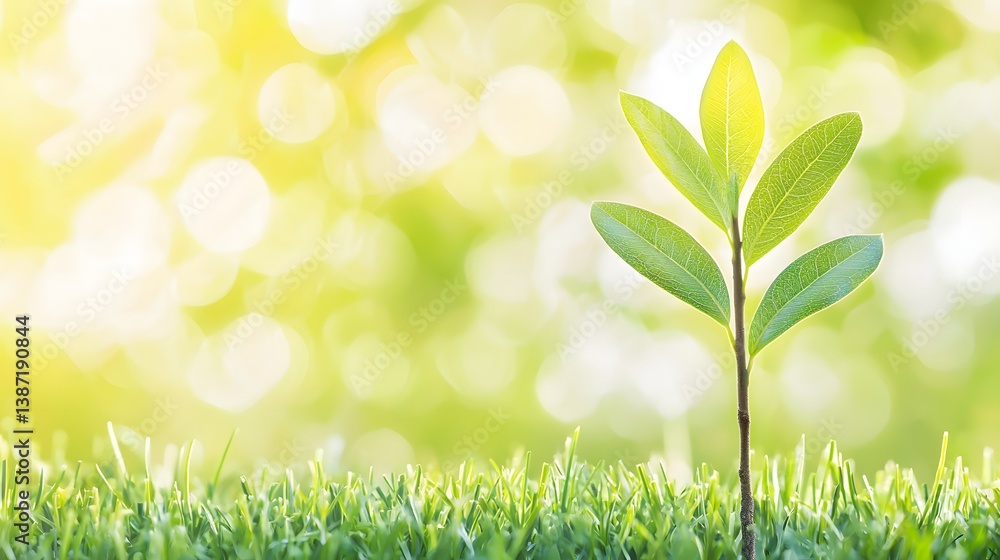 Fresh Green Sapling Growing in Lush Grass Under Soft Sunlight with a Beautiful Bokeh Background Fresh Green Sapling Growing in Lush Grass Under Soft Sunlight with a Beautiful Bokeh Background