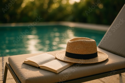 Relaxing by the Poolside With a Book and a Straw Hat in Warm Sunlight