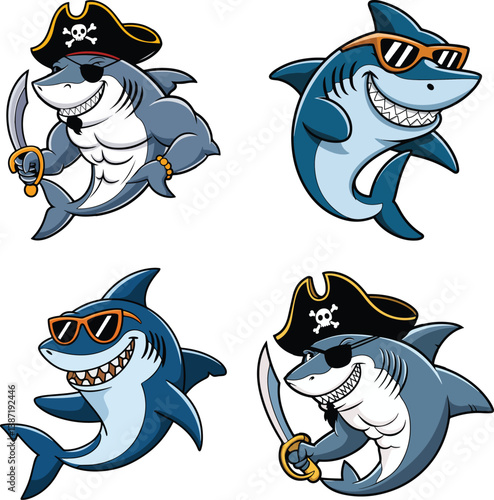 Cool Cartoon Pirate and Sunglasses Sharks Clipart – Funny Ocean Character Vector Set