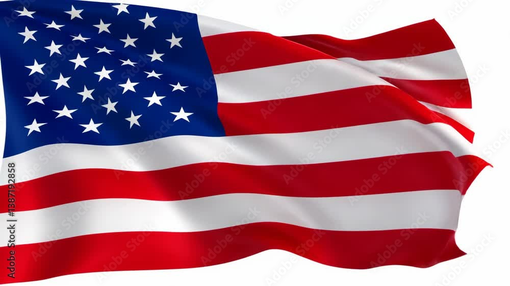 Waving patriotic red white and blue striped flag with stars on a white background celebrating national pride and democratic values. Waving patriotic red white and blue striped flag with stars on a white background celebrating national pride and democratic values.