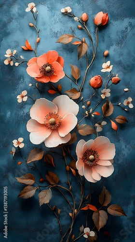 Floral Arrangement with Pale Pink and Coral Flowers, Buds, and Leaves on Textured Blue Background Phone Wallpaper Vertical 4K Aesthetic Mobile Background

