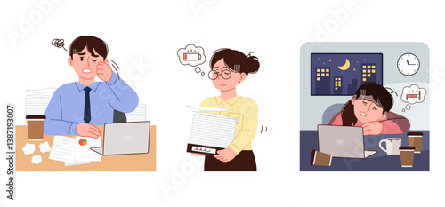 People who work too late, are tired and have no energy. Overwork concept character illustration.