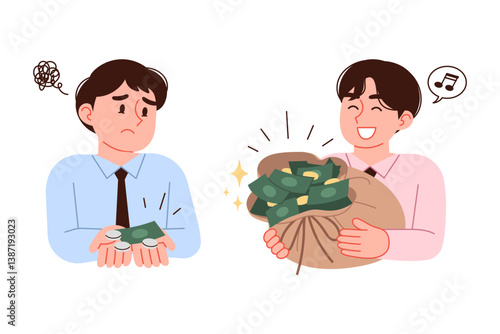 A man with little money and a man with a lot of money. A concept illustration of the gap between the rich and the poor.