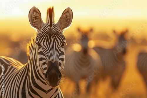 A zebra stands out in the golden sunset light, with other zebras blurred in the background.