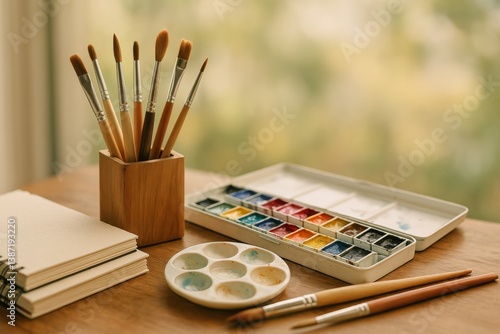 Creative Workspace With Brushes and Watercolors for Artistic Expression and L...