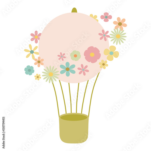 Hot air balloon vector illustration, flowers. Colorful aerostat design for cards, invitations, icons, logos