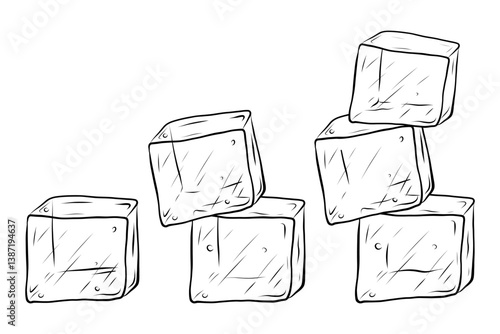 Ice cubes vector set.  Hand drawn ice crystal cubes. Transparent freeze water for cocktail, beverage, lemonade